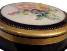 Cargar imagen en el visor de la galería, SKU# F15-A-GOLD-INCRUST Very Large Floral on Bleu de Four (Cobalt Blue) Round Box with Real Gold Incrustation with agate polishing finish.
