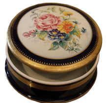 Cargar imagen en el visor de la galería, SKU# F15-A-GOLD-INCRUST Very Large Floral on Bleu de Four (Cobalt Blue) Round Box with Real Gold Incrustation with agate polishing finish.
