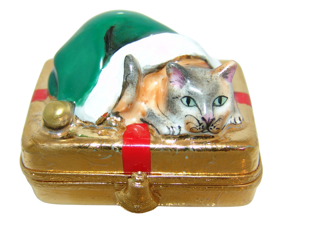 SKU# 3654 - Santa Cat on gold present