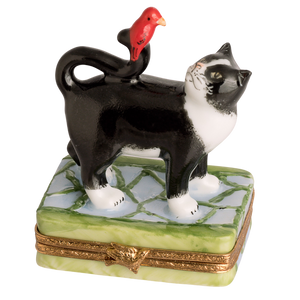SKU# 7614 - Schwarz-weiße Katze mit rotem Vogel