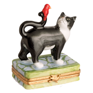 SKU# 7614 - Schwarz-weiße Katze mit rotem Vogel